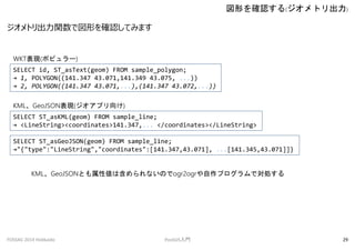 ȥvǇΤ_JƤߤޤ
Τ_J(ȥ)
FOSS4G 2014 Hokkaido PostGIST 29
SELECT id, ST_asText(geom) FROM sample_polygon;
 1, POLYGON((141.347 43.071,141.349 43.075, ...))
 2, POLYGON((141.347 43.071,...),(141.347 43.072,...))
SELECT ST_asKML(geom) FROM sample_line;
 <LineString><coordinates>141.347,... </coordinates></LineString>
WKTF(ݥԥ`)
KMLGeoJSONF(ץ)
SELECT ST_asGeoJSON(geom) FROM sample_line;
"{"type":"LineString","coordinates":[141.347,43.071], ...[141.345,43.071]]}
KMLGeoJSONȤԂϺʤΤogr2ogrץǌI
 