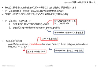 ? PostGISShapefile򥨥ݩ`Ȥˤ pgsql2shp ʹޤ
? Ʃ`֥ޤϥӥ`ָ뤤SQL()äǤޤ
? ֥`ɤϥ饤ȤΥ󥳩`ǥ󥰤椷ޤ(ע⤬Ҫ)
? Ʃ`֥/ӥ`򥨥ݩ`
1. SET PGCLIENTENCODING=SJIS
2. pgsql2shp -u demo handson point_public
? SQL
? pgsql2shp -u demo -f asahikawa handson "select * from polygon_adm where
n03_007 = '01204'"
pgsql2shpʹ(ݩ`)
FOSS4G 2014 Hokkaido PostGIST 41
SETʤݩ`Ȥ
ԇƤߤޤ礦
ǩ`٩`ȥƩ`ָ֥
եָ
ǩ`٩`SQLָФ`
 
