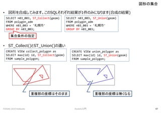 ? ΤϳɤƤߤޤSQL줾Y1Τߤˤʤޤ(ϳɤνY)
? ST_Collect()ST_Union()`
Τμ
FOSS4G 2014 Hokkaido PostGIST 47
SELECT n03_003, ST_Collect(geom)
FROM polygon_adm
WHERE n03_003 = ''
GROUP BY n03_003;
ָ
SELECT n03_003, ST_Union(geom)
FROM polygon_adm
WHERE n03_003 = ''
GROUP BY n03_003;
CREATE VIEW collect_polygon as
SELECT max(id) id, ST_Collect(geom)
FROM sample_polygon;
CREATE VIEW union_polygon as
SELECT max(id) id, ST_Union(geom)
FROM sample_polygon;
}ˤϤΤޤ }ˤϟoʤ
 