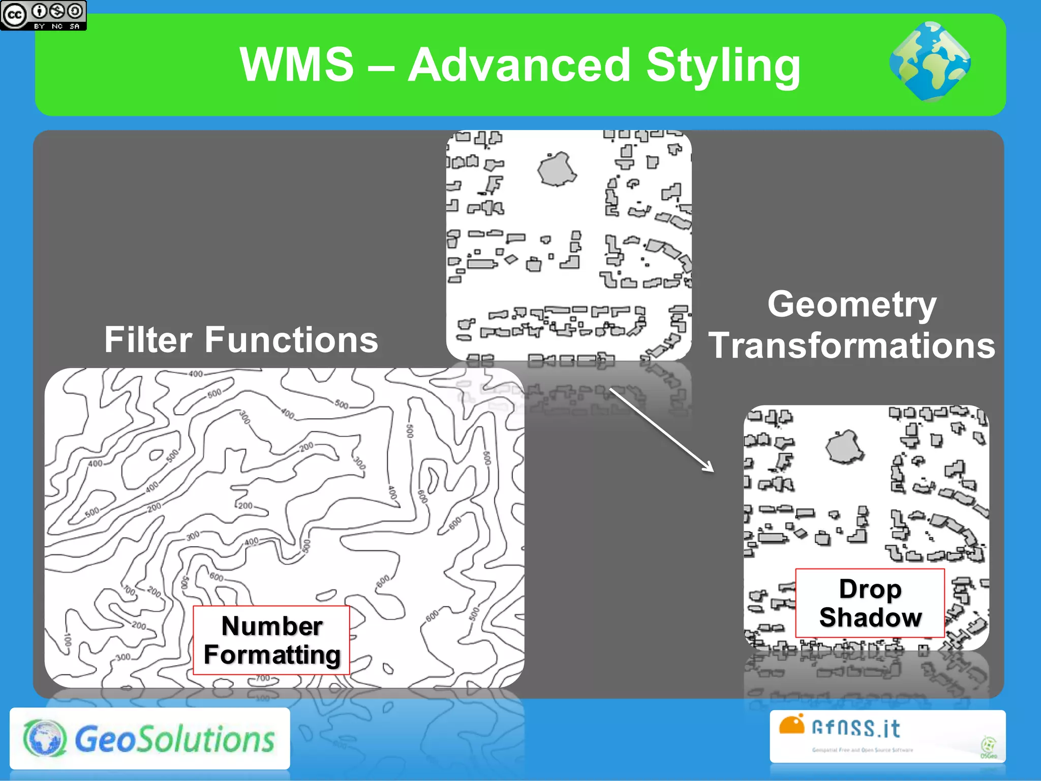 WMS – Advanced Styling



                            Geometry
Filter Functions         Transformations




                                 Drop
      Number                    Shadow
     Formatting
 