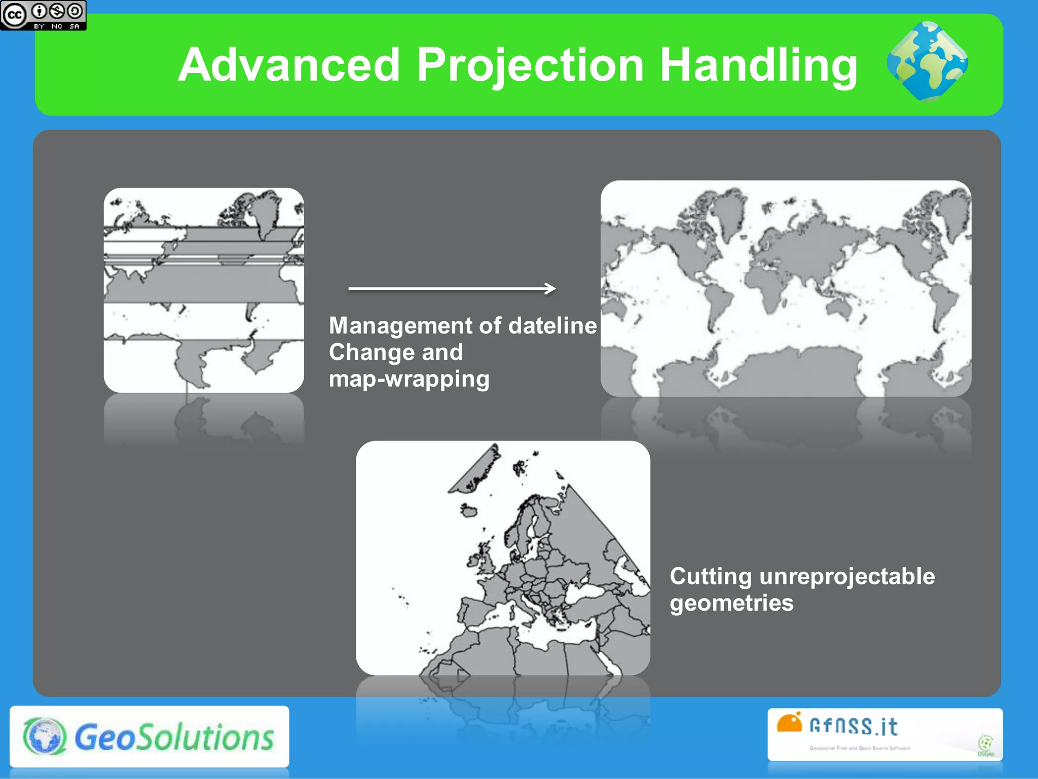 Advanced Projection Handling




      Management of dateline
      Change and
      map-wrapping




                               Cutting unreprojectable
                               geometries
 