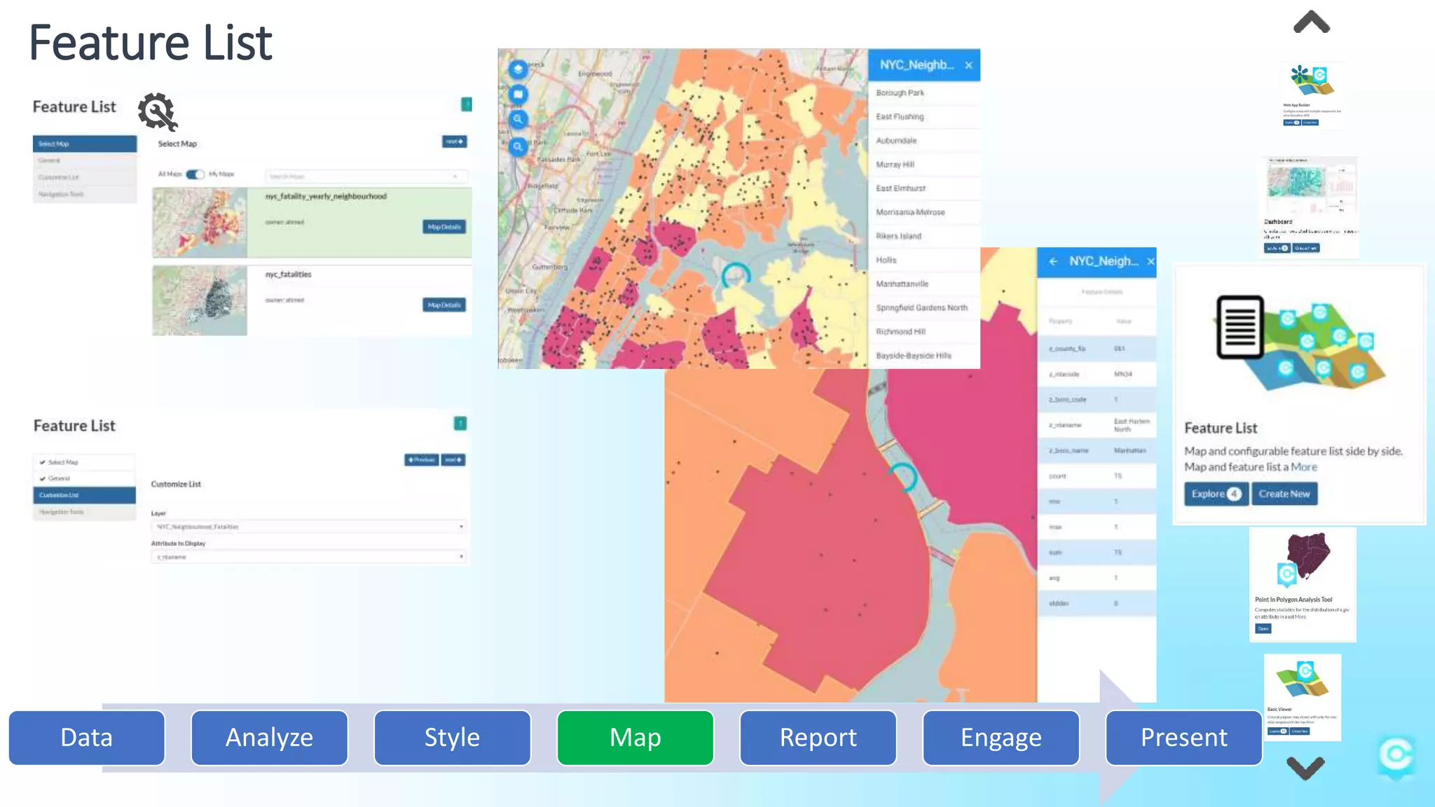 Feature List
Data Analyze Style Map Report Engage Present
 