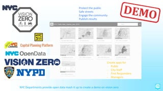 Protect the public
Safe streets
Engage the community
Publish results
Create apps for
- Public
- City Staff
- First Responders
- Managers
NYC Departments provide open data mash it up to create a demo on vision zero
 