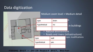 FOSS4G 2017 – 14-19 August 2017, Boston
Data digitization
Medium zoom level = Medium detail
• Polygons of buildings
• Landuses
• Internal separations in buildings
• Floors
• Natural environment
• Roads and rivers (infrastructure)
• Small local anthropic modificationstype wall
hypothetical yes
type drain
hypothetical no
 