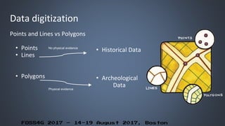 FOSS4G 2017 – 14-19 August 2017, Boston
Data digitization
Points and Lines vs Polygons
• Points
• Lines
• Polygons
No physical evidence
Physical evidence
• Historical Data
• Archeological
Data
 