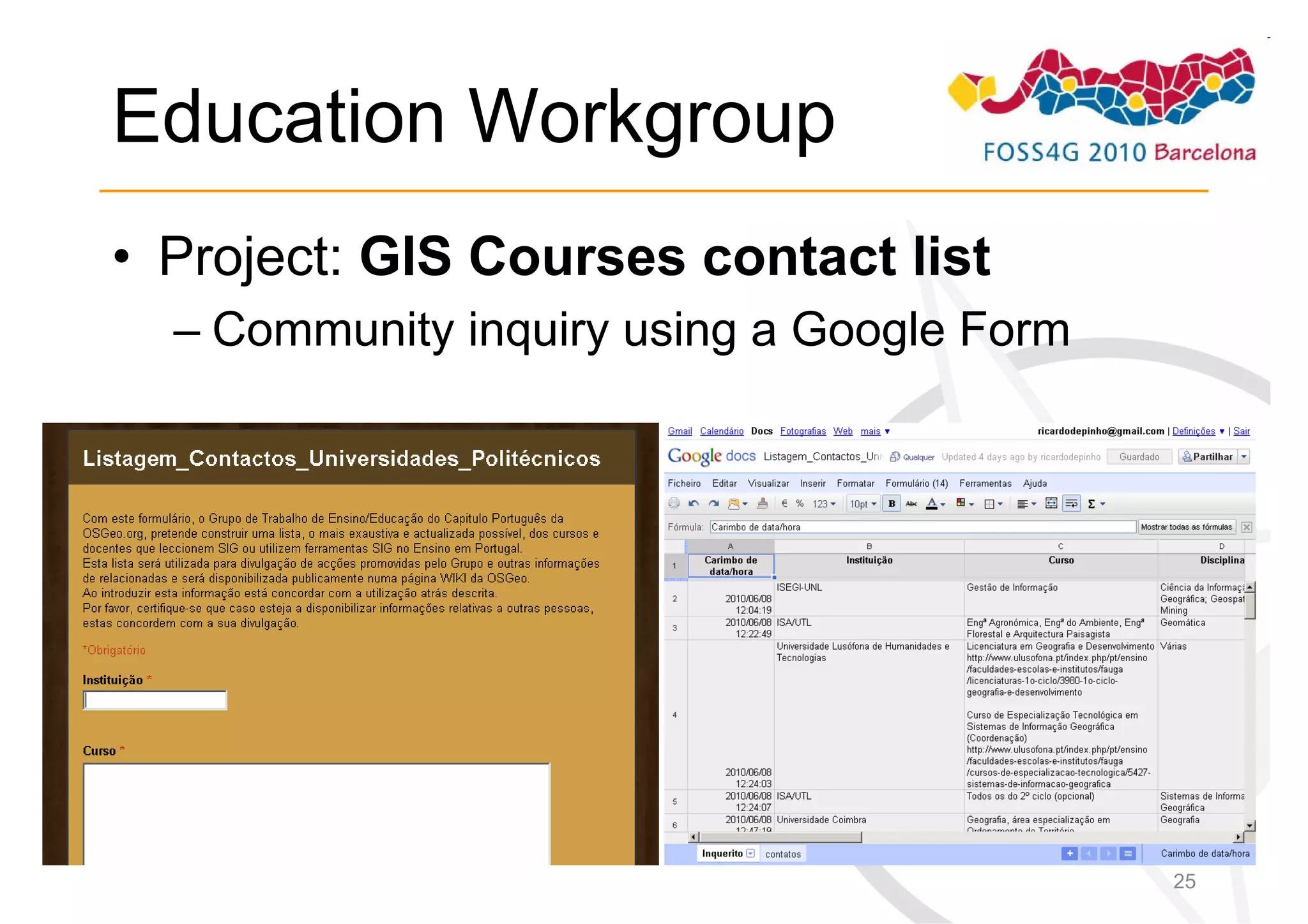 Education Workgroup
• Project: GIS Courses contact list
  – Community inquiry using a Google Form




                                            25
 