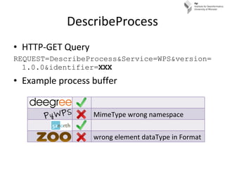 DescribeProcess <ul><li>HTTP-GET Query </li></ul><ul><li>REQUEST=DescribeProcess&Service=WPS&version=1.0.0&identifier= XXX...