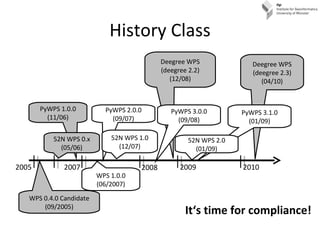 History Class WPS 0.4.0 Candidate (09/2005) WPS 1.0.0 (06/2007) Deegree WPS (deegree 2.2) (12/08) Deegree WPS (deegree 2.3...