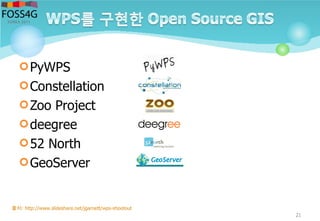 PyWPS
Constellation
Zoo Project
deegree
52 North
GeoServer
21
출처: http://www.slideshare.net/jgarnett/wps-shootout
 