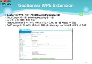 28
▣ GeoServer WPS 지원 PPIO(ProcessParameterIO)
- Input/Output 에 대한 Encoding/Decoding 을 지원
- 사용자 정의 PPIO 추가 가능
- FeatureCollection 은 타 WFS 서비스의 결과 (GML 등 ) 를 사용할 수 있음
- GridCoverage 는 타 WCS 서비스의 결과 (GridCoverage raw data) 를 사용할 수 있음
 