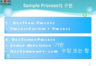 32
1. Ge oTools Proce ss
- Proce ssFactory + Proce ss
2. Ge oS e rve r Proce ss
- S p ring Annotation 기반
- Ge oS e rve r wp s- core 수정 또는 참
조
 