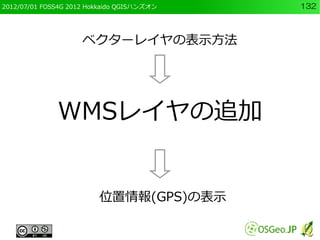 2012/07/01 FOSS4G 2012 Hokkaido QGISハンズオン   132



                     ベクターレイヤの表示方法




              WMSレイヤの追加


       ...