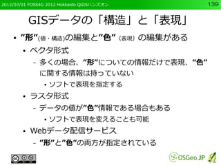 2012/07/01 FOSS4G 2012 Hokkaido QGISハンズオン   139


            GISデータの「構造」と「表現」
    ●   ”形”(値・構造)の編集と”色”（表現）の編集がある
        ...