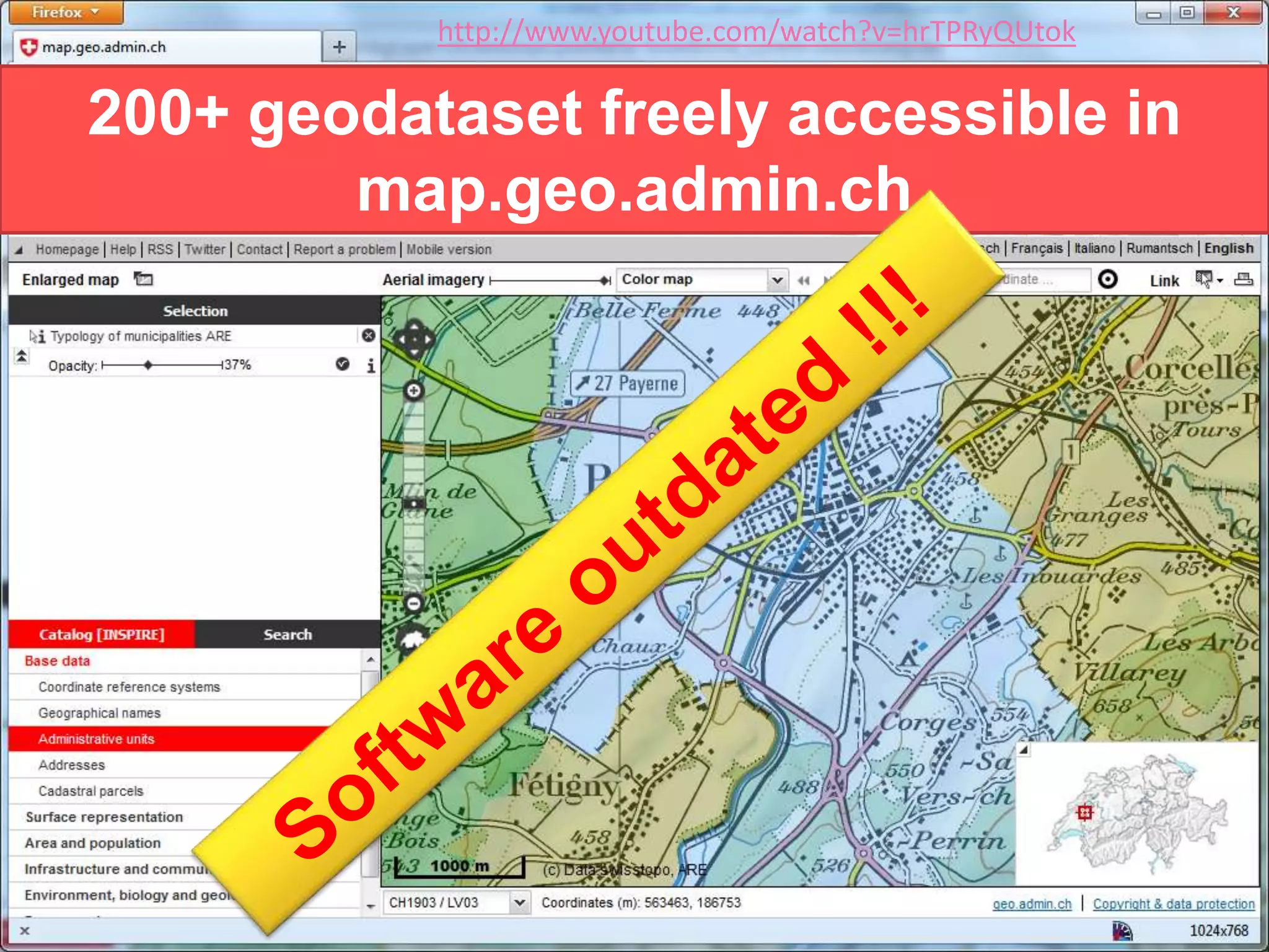 Federal Office of Topography swisstopo
200+ geodataset freely accessible in
map.geo.admin.ch
http://www.youtube.com/watch?v=hrTPRyQUtok
 