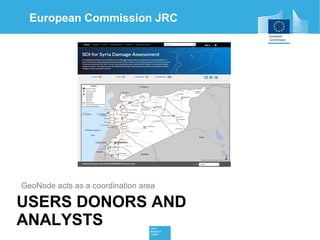 European Commission JRC 
GeoNode acts as a coordination area 
USERS DONORS AND 
ANALYSTS 
 