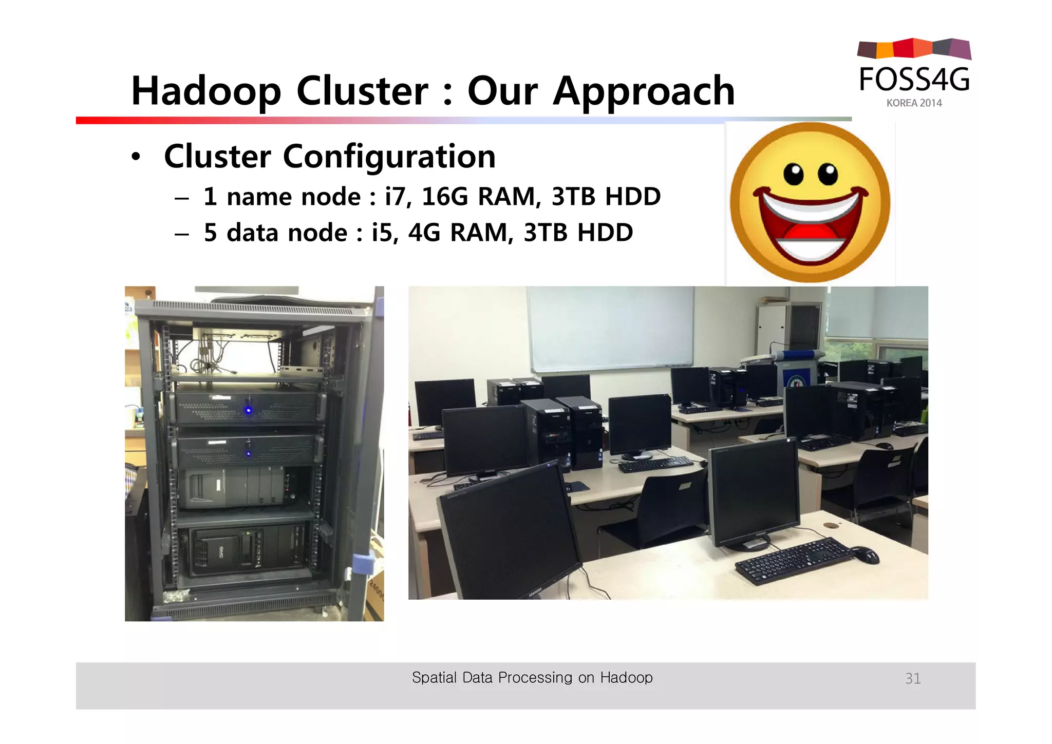 Hadoop Cluster : Our Approach 
• Cluster Configuration 
– 1 name node : i7, 16G RAM, 3TB HDD 
– 5 data node : i5, 4G RAM, 3TB HDD 
Spatial Data Processing on Hadoop 31 
 