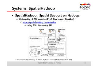 Systems: SpatialHadoop 
• SpatialHadoop : Spatial Support on Hadoop 
– University of Minnesota (Prof. Mohamed Mokbel) 
• http://spatialhadoop.cs.umn.edu/ 
– using ESRI Geometry API 
A Demonstration of SpatialHadoop: An Efficient MapReduce Framework for Spatial Data(VLDB ‘2013) 
Spatial Data Processing on Hadoop 36 
 