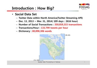 Introduction : How Big? 
• Social Data Set 
– Twitter Data within North America(Twitter Streaming API) 
– Dec. 13, 2013 ~ Mar. 31, 2014( 109 days : 2616 hour) 
– Number of Social Transactions : 350,019,315 transactions 
– Transactions/Hour : 133,799 tweets per hour 
– Dictionary : 80,098,306 words 
(15,-150) 
(90,-60) 
Spatial Data Processing on Hadoop 5 
 
