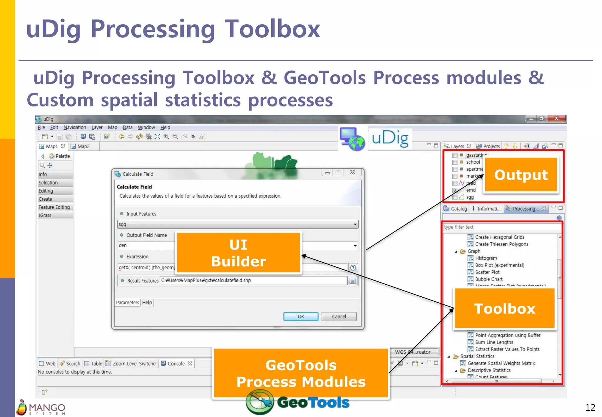 uDig Processing Toolbox
12
uDig Processing Toolbox & GeoTools Process modules &
Custom spatial statistics processes
GeoTools
Process Modules
Toolbox
UI
Builder
Output
 