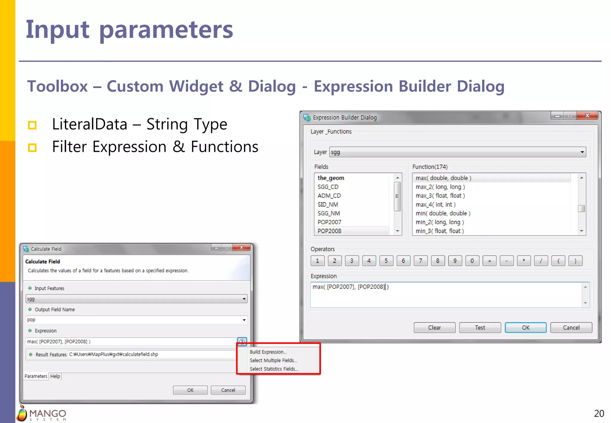 Input parameters
20
Toolbox – Custom Widget & Dialog - Expression Builder Dialog
 LiteralData – String Type
 Filter Expression & Functions
 