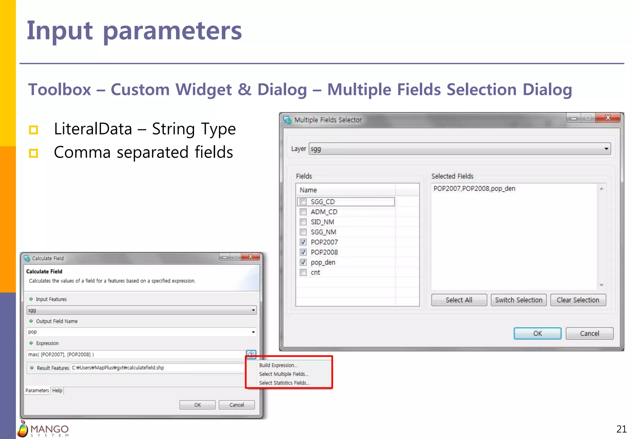 Input parameters
21
Toolbox – Custom Widget & Dialog – Multiple Fields Selection Dialog
 LiteralData – String Type
 Comma separated fields
 