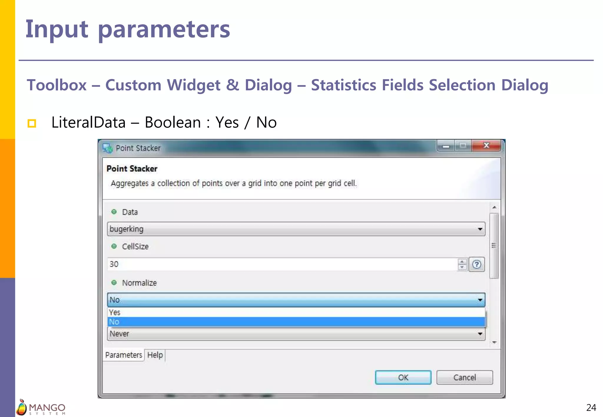 Input parameters
24
Toolbox – Custom Widget & Dialog – Statistics Fields Selection Dialog
 LiteralData – Boolean : Yes / No
 