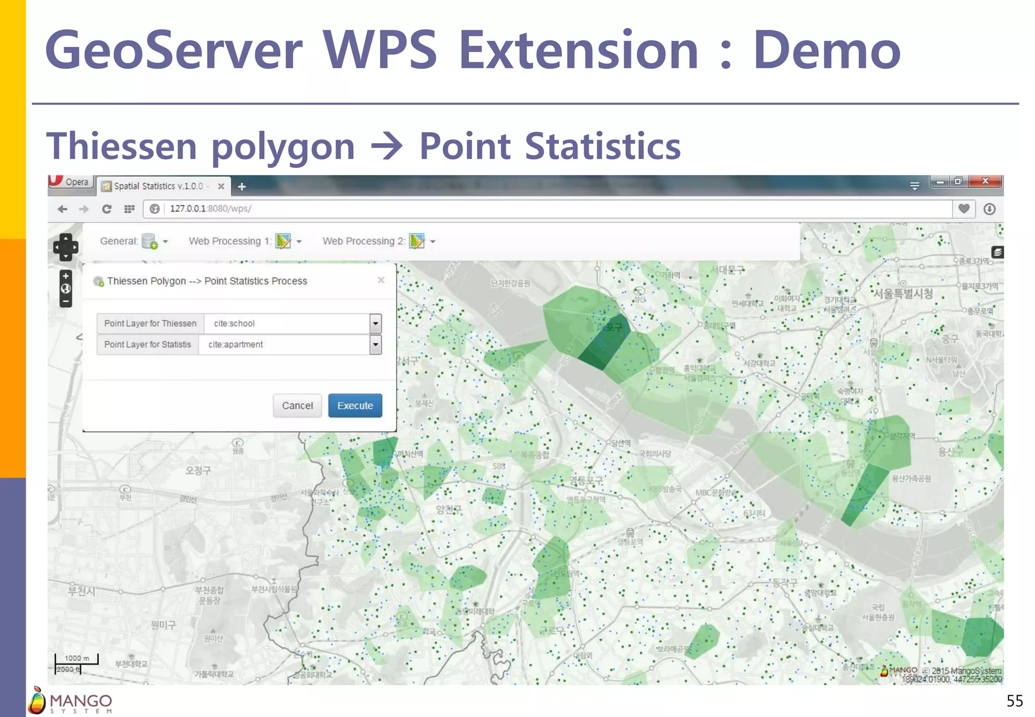 GeoServer WPS Extension : Demo
55
Thiessen polygon  Point Statistics
 