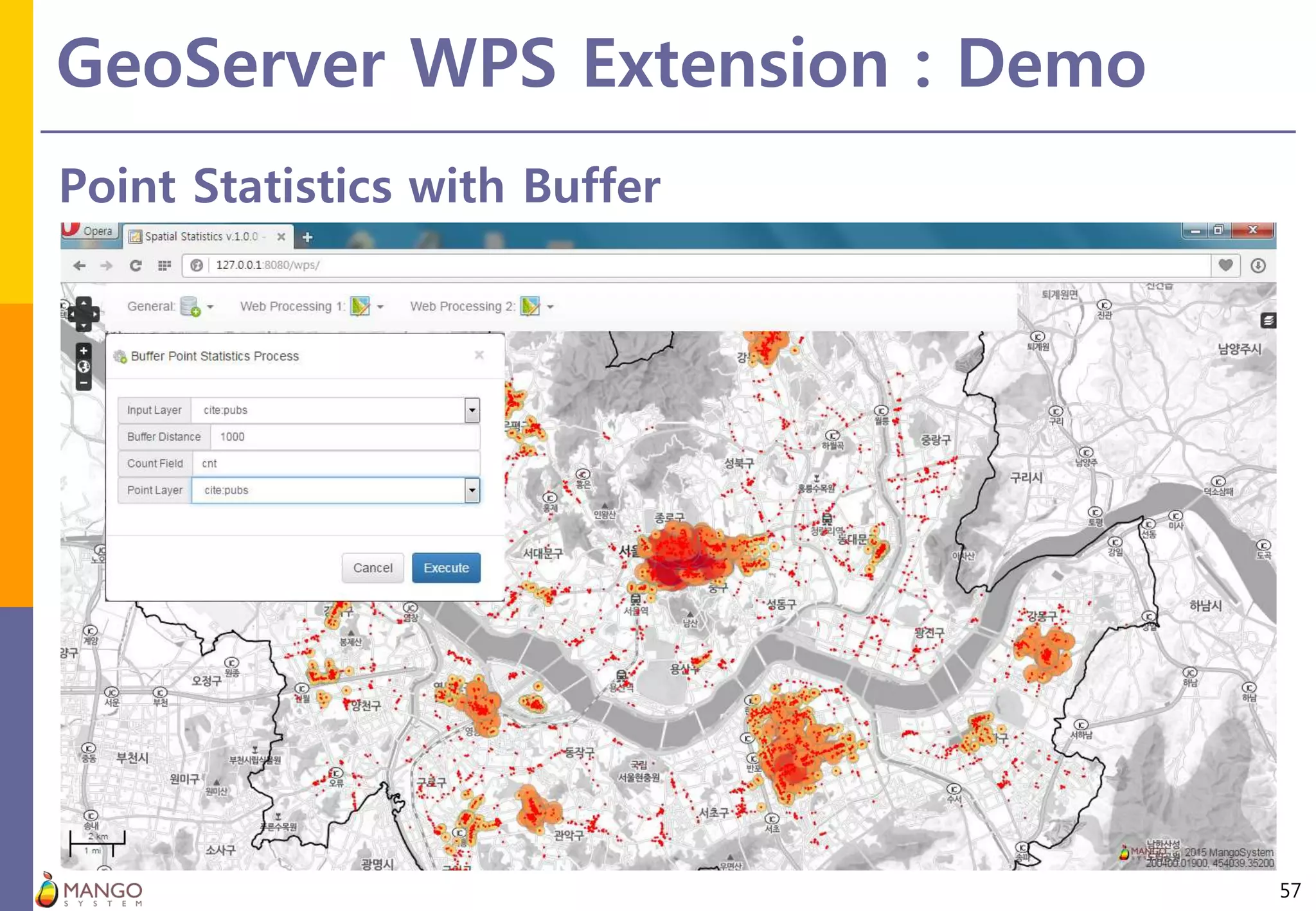 GeoServer WPS Extension : Demo
57
Point Statistics with Buffer
 