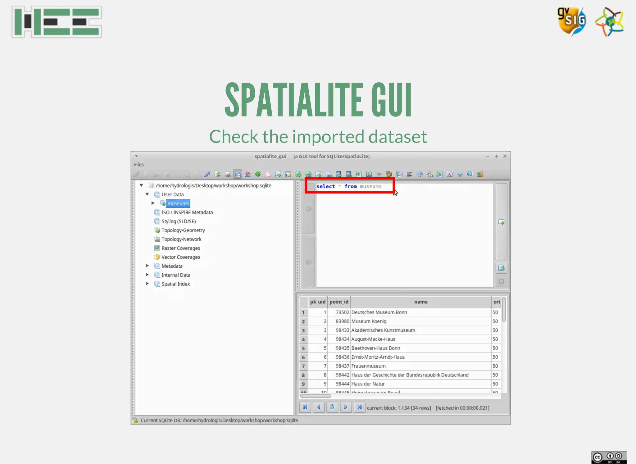 SPATIALITE GUI
Check the imported dataset
 