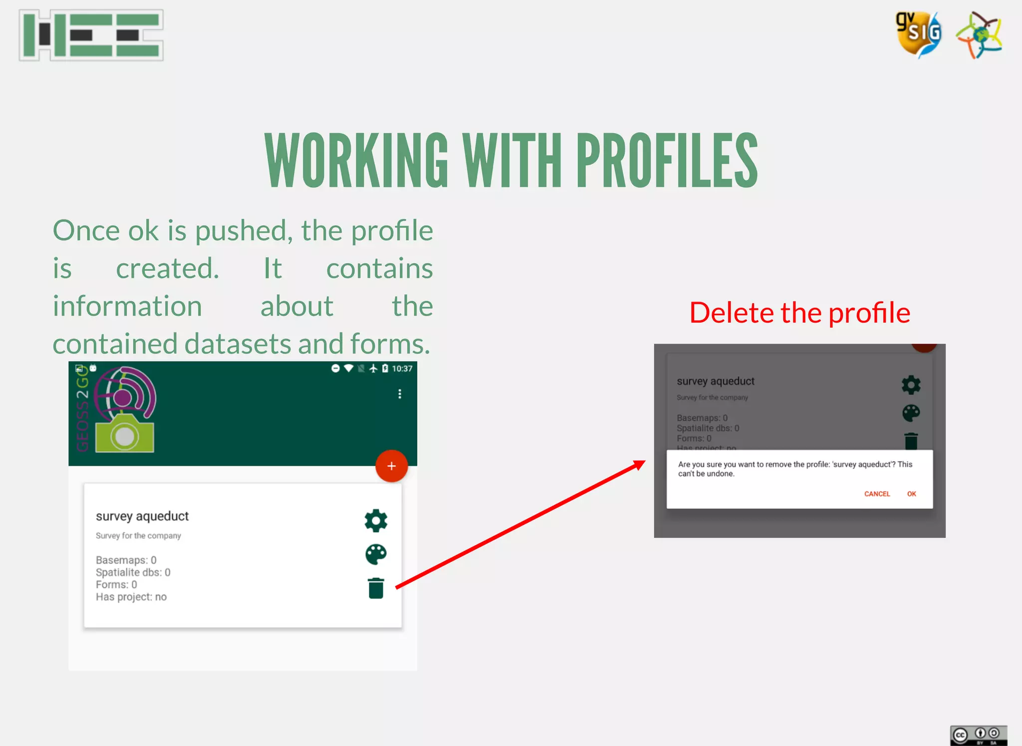 WORKING WITH PROFILES
Once ok is pushed, the proﬁle
is created. It contains
information about the
contained datasets and forms.
Delete the proﬁle
 