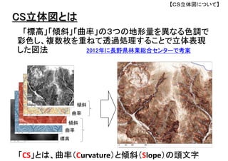 「標高」「傾斜」「曲率」の３つの地形量を異なる色調で
彩色し、複数枚を重ねて透過処理することで立体表現
した図法 2012年に長野県林業総合センターで考案
CS立体図とは
「 」とは、曲率（ ）と傾斜（ ）の頭文字
傾斜
傾斜
曲率
曲率
標高
【ＣＳ立体図について】
 