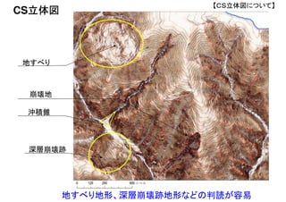 CS立体図
地すべり
深層崩壊跡
崩壊地
地すべり地形、深層崩壊跡地形などの判読が容易
沖積錐
【ＣＳ立体図について】
 