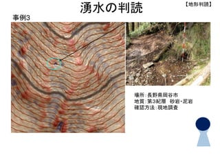 場所：長野県岡谷市
地質：第３紀層 砂岩・泥岩
確認方法：現地調査
事例3
【地形判読】
湧水の判読
 