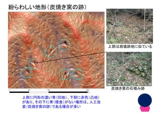 49
紛らわしい地形（炭焼き窯の跡）
炭焼き窯の石積み跡
上部は崩壊跡地に似ている
上部に円形の濃い青（凹地）、下部に赤色（凸地）
があり、その下に青（侵食）がない場所は、人工改
変（炭焼き窯の跡）である場合が多い
 