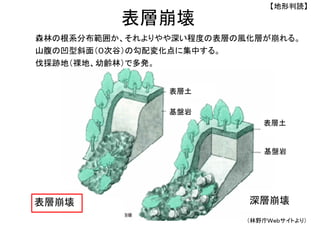 表層崩壊
森林の根系分布範囲か、それよりやや深い程度の表層の風化層が崩れる。
山腹の凹型斜面（０次谷）の勾配変化点に集中する。
伐採跡地（裸地、幼齢林）で多発。
【地形判読】
深層崩壊
表層土
基盤岩
表層土
基盤岩
（林野庁Ｗｅｂサイトより）
表層崩壊
 