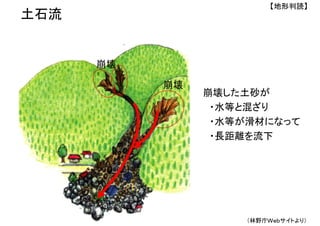土石流
崩壊
崩壊
崩壊した土砂が
・水等と混ざり
・水等が滑材になって
・長距離を流下
（林野庁Ｗｅｂサイトより）
【地形判読】
 