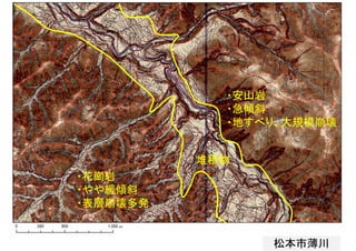 松本市薄川
・安山岩
・急傾斜
・地すべり、大規模崩壊
堆積物
・花崗岩
・やや緩傾斜
・表層崩壊多発
 