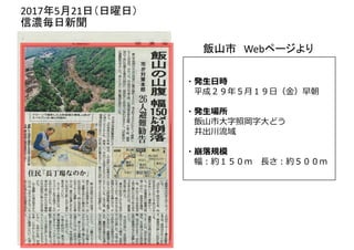 信濃毎日新聞
年 月 日（日曜日）
飯山市 ページより
・発生日時
平成２９年５⽉１９⽇（⾦）早朝
・発生場所
飯山市大字照岡字大どう
井出川流域
・崩落規模
幅︓約１５０ｍ ⻑さ︓約５００ｍ
 