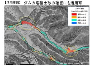0 200 400100
ｍ
【活用事例】 ダムの堆積土砂の確認にも活用可
土砂の堆積
南木曽町 梨子沢（ 年 月）
（ 年と 年の差）
堆積 ｍ以上
堆積 ｍ未満
洗掘 ｍ未満
洗掘 ｍ以上
 