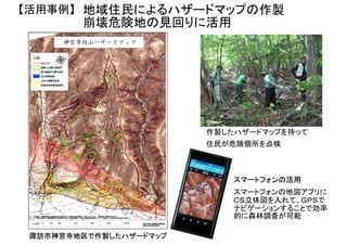 地域住民によるハザードマップの作製
崩壊危険地の見回りに活用
スマートフォンの活用
作製したハザードマップを持って
住民が危険個所を点検
【活用事例】
諏訪市神宮寺地区で作製したハザードマップ
スマートフォンの地図アプリに
ＣＳ立体図を入れて、ＧＰＳで
ナビゲーションすることで効率
的に森林調査が可能
 