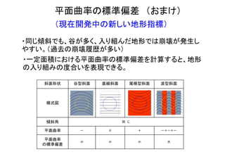 平面曲率の標準偏差 （おまけ）
・同じ傾斜でも、谷が多く、入り組んだ地形では崩壊が発生し
やすい。（過去の崩壊履歴が多い）
・一定面積における平面曲率の標準偏差を計算すると、地形
の入り組みの度合いを表現できる。
斜面形状 谷型斜面 直線斜面 尾根型斜面 波型斜面
模式図
傾斜角 同 じ
平面曲率 － ０ ＋ －＋－＋－
平面曲率
の標準偏差
小 小 小 大
（現在開発中の新しい地形指標）
 