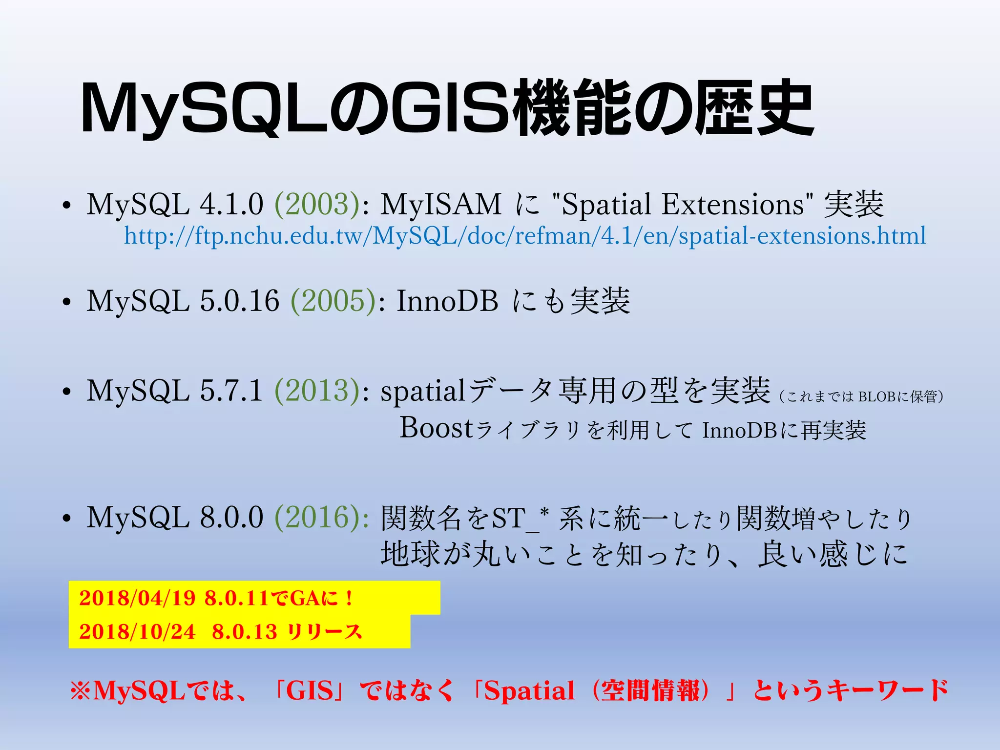 MySQLのGIS機能の歴史
• MySQL 4.1.0 (2003): MyISAM に "Spatial Extensions" 実装
http://ftp.nchu.edu.tw/MySQL/doc/refman/4.1/en/spatial-extensions.html
• MySQL 5.0.16 (2005): InnoDB にも実装
• MySQL 5.7.1 (2013): spatialデータ専用の型を実装（これまでは BLOBに保管）
Boostライブラリを利用して InnoDBに再実装
• MySQL 8.0.0 (2016): 関数名をST_* 系に統一したり関数増やしたり
地球が丸いことを知ったり、良い感じに
2018/04/19 8.0.11でGAに！
2018/10/24 8.0.13 リリース
※MySQLでは、「GIS」ではなく「Spatial（空間情報）」というキーワード
 