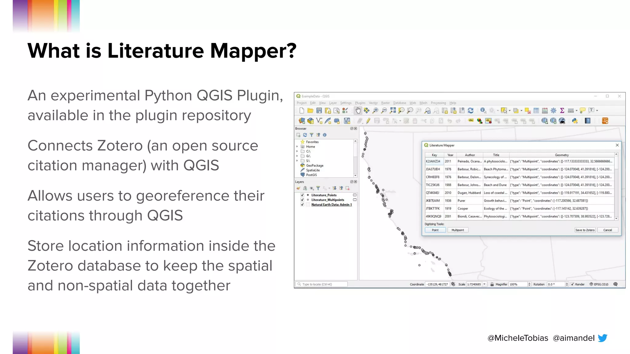 @MicheleTobias @aimandel
What is Literature Mapper?
An experimental Python QGIS Plugin,
available in the plugin repository
Connects Zotero (an open source
citation manager) with QGIS
Allows users to georeference their
citations through QGIS
Store location information inside the
Zotero database to keep the spatial
and non-spatial data together
 