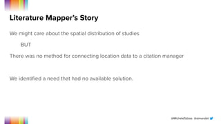 @MicheleTobias @aimandel
Literature Mapper’s Story
We might care about the spatial distribution of studies
BUT
There was no method for connecting location data to a citation manager
We identiﬁed a need that had no available solution.
 