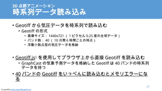 3D Ⱥ˥`
rϵХǩ`iz
? Geotiff ݈Rǩ`rϵФiz
? Geotiff ʽ
? 񥵥 1440x721  1 ԥ 0.25 Ȥȫǩ`
? Х 40  10 g 6 rgȤΕr㣩
? СͤΚ݈Rǩ`{
? Geotiff.js1
ʹäƥ֥饦Ϥֱ Geotiff iz
? GraphCast Κyǩ`{ Geotiff  40 ХɤΕrϵ
ǩ`֤
? 40 Хɤ Geotiff 򤤤äڤizȥꥨ`ˤ

27
[1] geotiff.js https://geotiffjs.github.io/
 