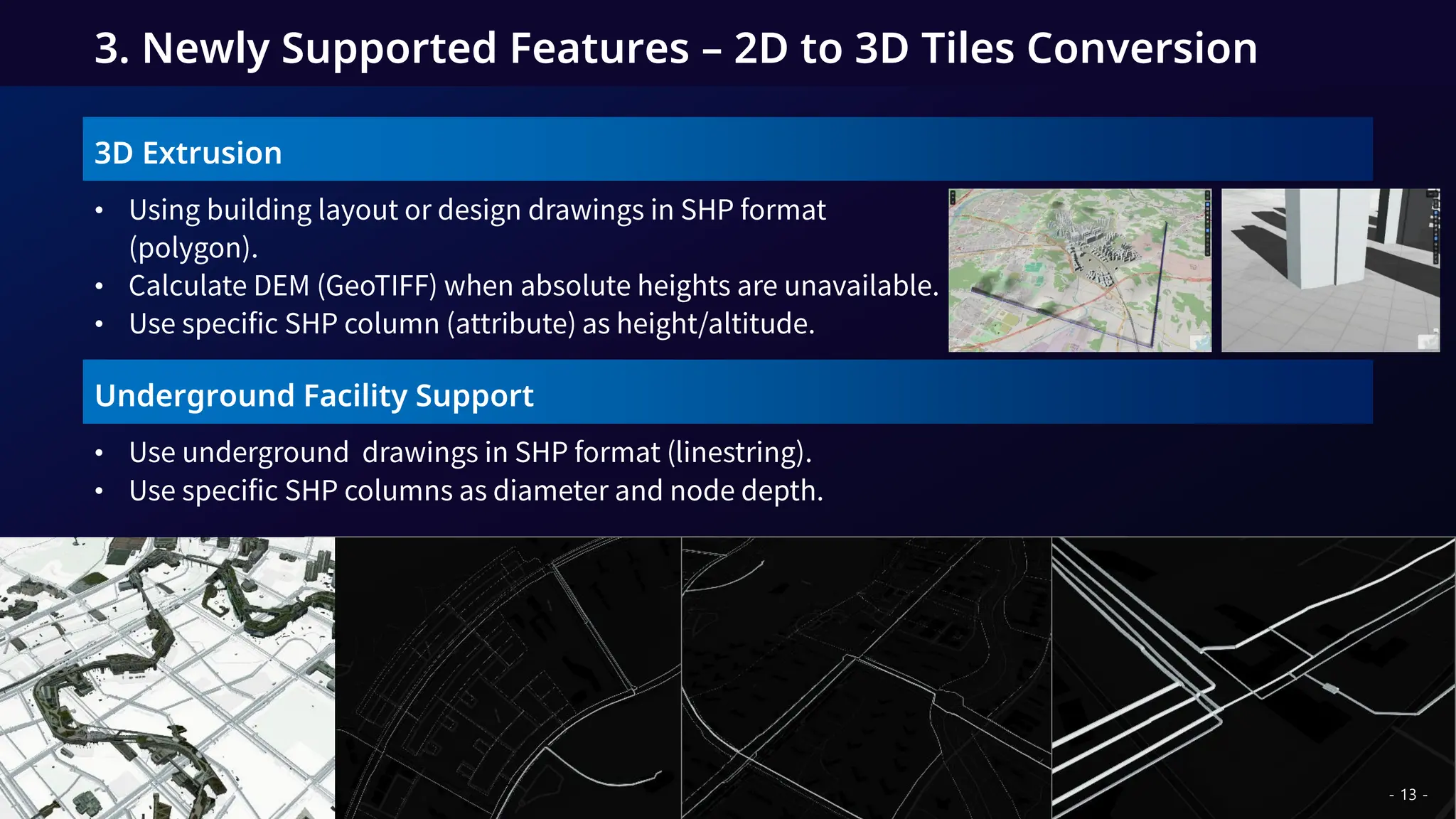 3D Extrusion
•
•
•
3. Newly Supported Features – 2D to 3D Tiles Conversion
Underground Facility Support
•
•
- 13 -
 