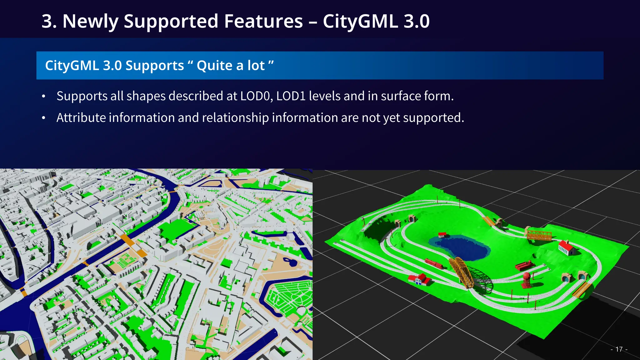 CityGML 3.0 Supports “ Quite a lot ”
•
•
3. Newly Supported Features – CityGML 3.0
- 17 -
 