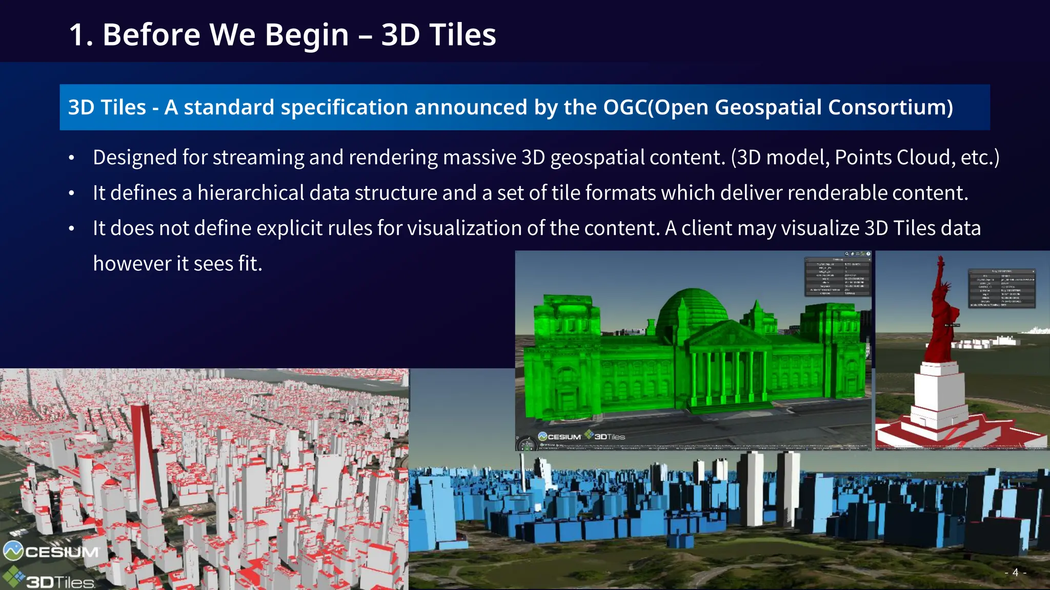 3D Tiles - A standard specification announced by the OGC(Open Geospatial Consortium)
•
•
•
1. Before We Begin – 3D Tiles
- 4 -
 