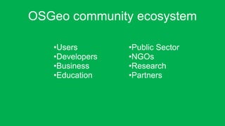OSGeo community ecosystem
•Users
•Developers
•Business
•Education
•Public Sector
•NGOs
•Research
•Partners
 