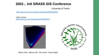2002... Intl GRASS GIS Conference
University of Trento
http://www.ing.unitn.it/~grass/conferences/GRASS2002/
Marco Ciolli · Alfonso Vitti · Dino Zardi · Paolo Zatelli
Video archive:
http://www.jus.unitn.it/services/arc/2002/0911/
 